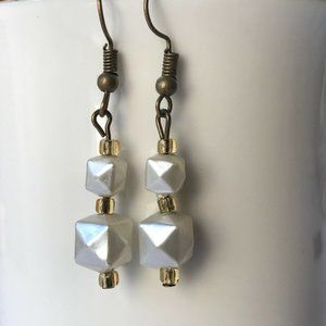 Vintage Cream White Bead Earrings MCM Upcycled 60's Geometric Beads Gold Plated